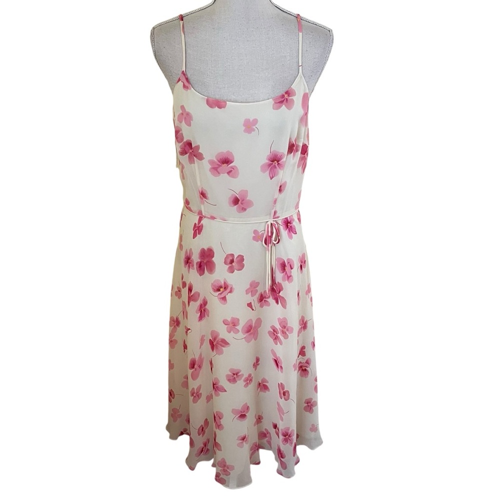 Talbots Vintage Cream with Pink Floral Silk Spaghetti Strap Midi Dress 8